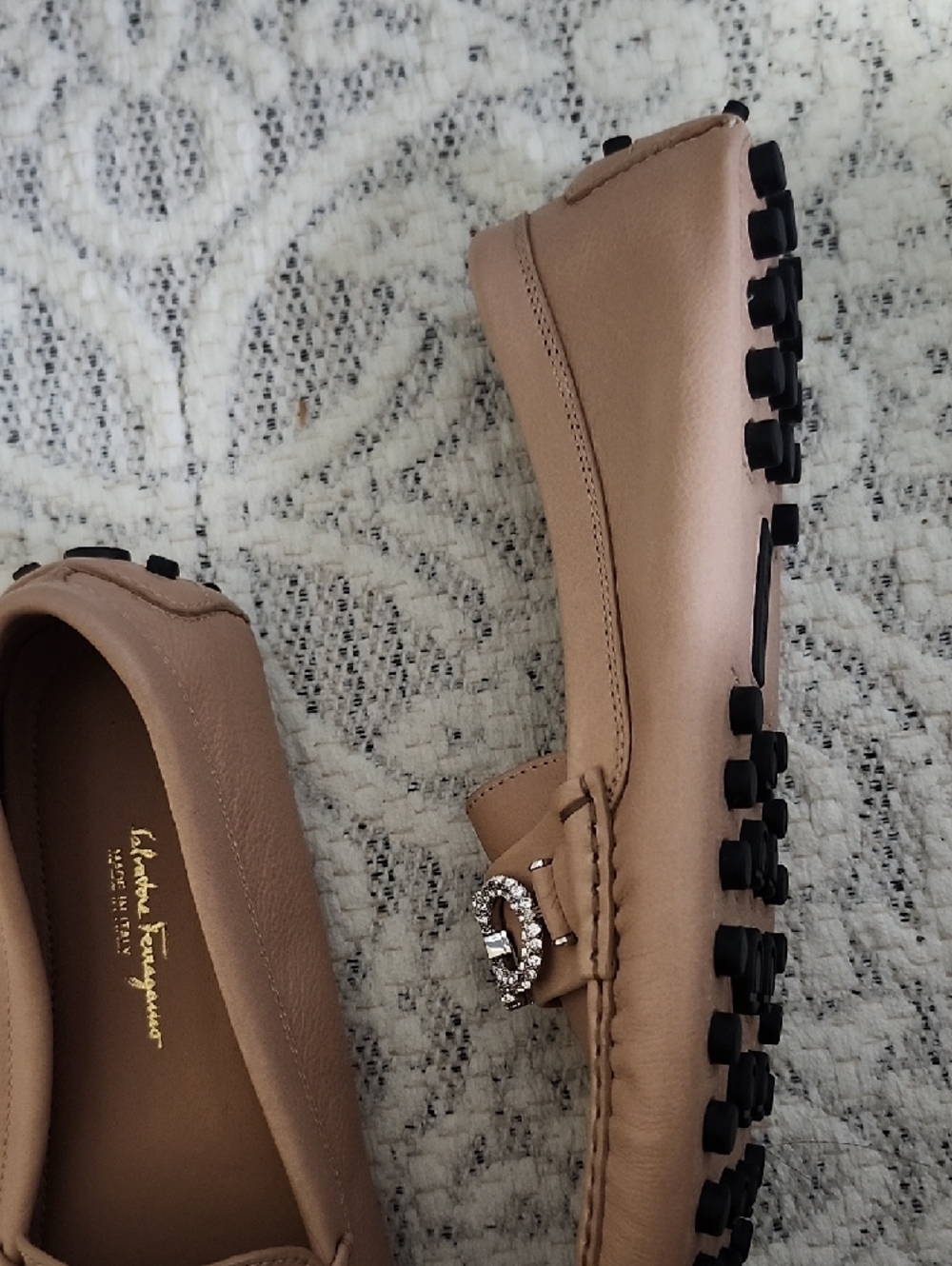 Salvatore Ferragamo Pink-Tan Leather Crystal Gancini Loafers - Picture 3 of 4